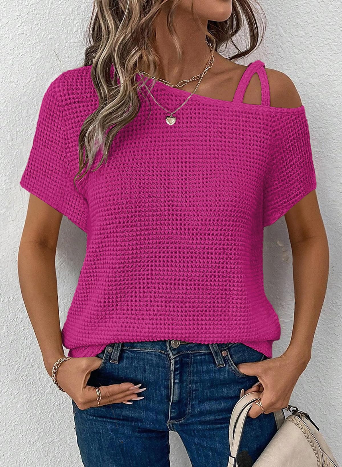 Women's Summer Off-Shoulder Waffle Knit Short Sleeve Top (Buy 2 Free Shipping!!!)