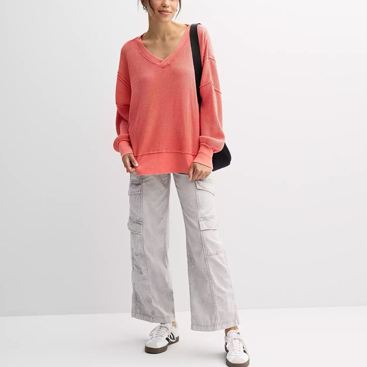 Oversized Waffle V Neck Top