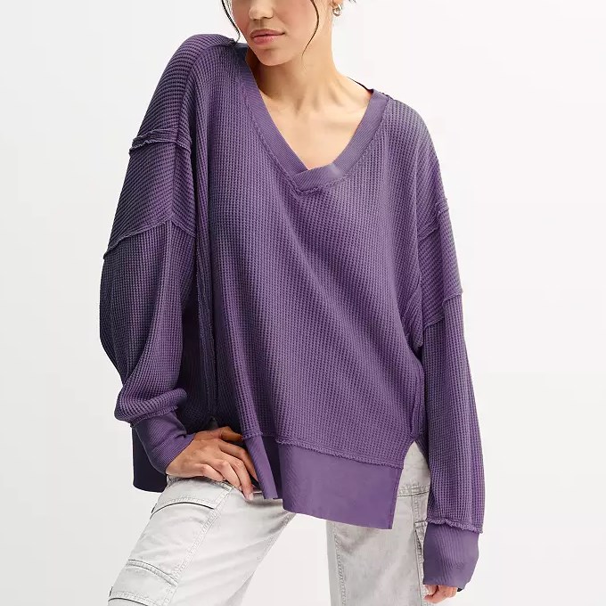 Oversized Waffle V Neck Top