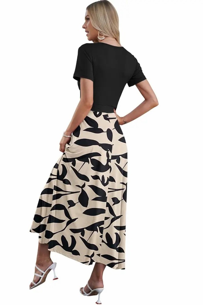 Women's V Neck Floral Print Beach Long Flowy Dress with Pockets