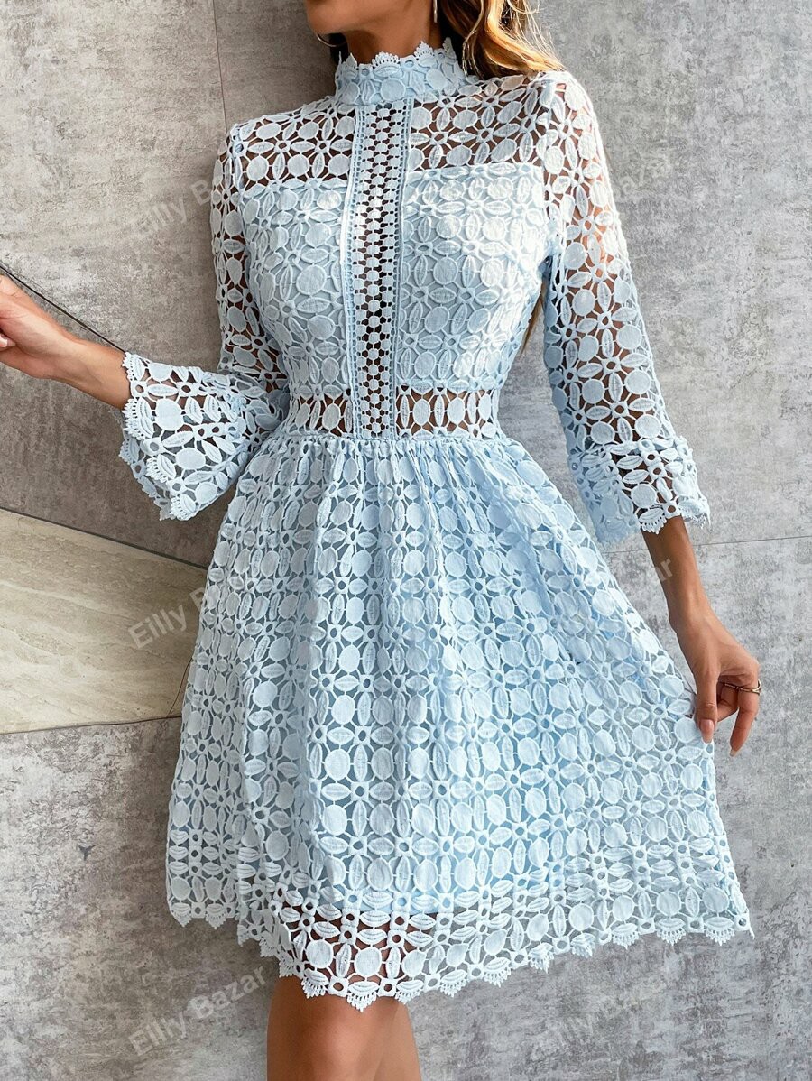 Women's Stand Collar Lace Hollow-Out Floral Pattern Dress