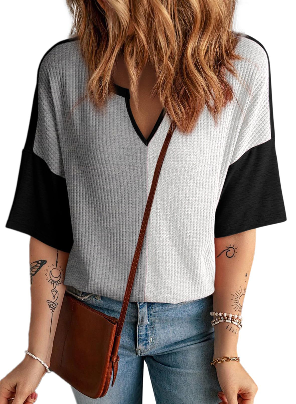 2025 New Women's Half Sleeve Waffle Knit Casual V Neck Colorblock Patchwork Shirts(buy 2 free shipping)