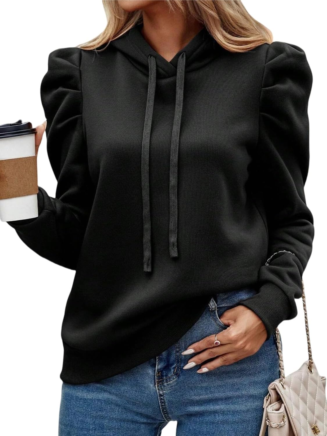 Women's Puff Sleeve Drawstring Casual Hoodie