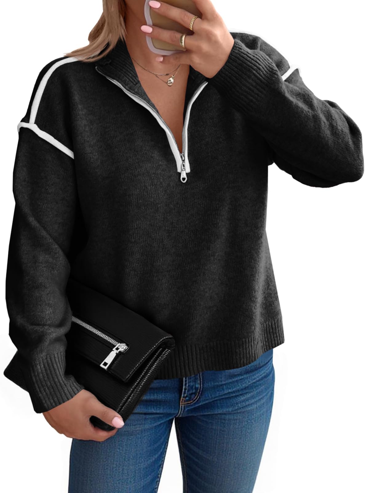 Women's Casual Color Block V Neck Quarter Zip Pullover Sweaters