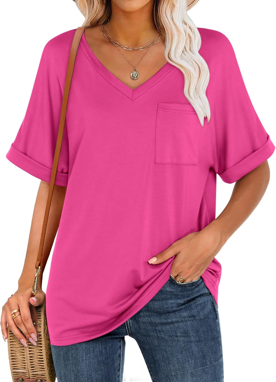 Women's Cute Oversized Short Sleeve Tops Basic Tee Shirts with Pocket(BUY 3 FREE SHIPPING)
