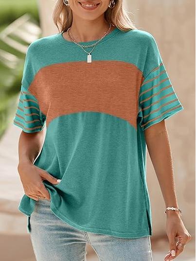 Womens Oversized Crewneck Casual Color Block Striped Shirts Blouses(Buy 3 Free Shipping)