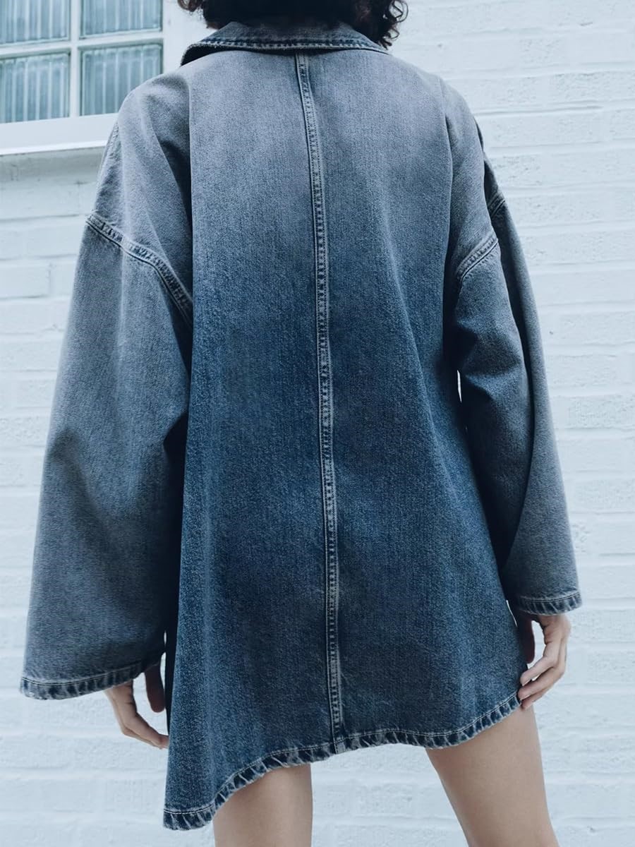 Women's Half-Zip Collared Vintage Loose Denim Dress Long Sleeve Casual Top