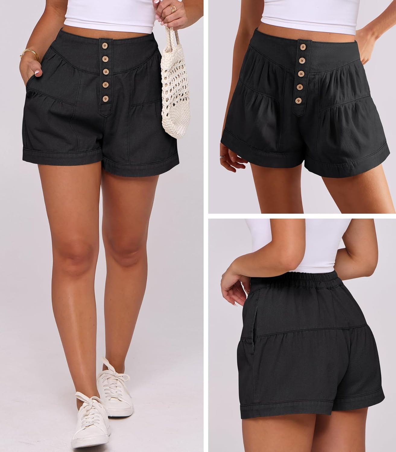 Women's Summer Baggy Flowy Wide Leg Buttons Pleated Denim Shorts