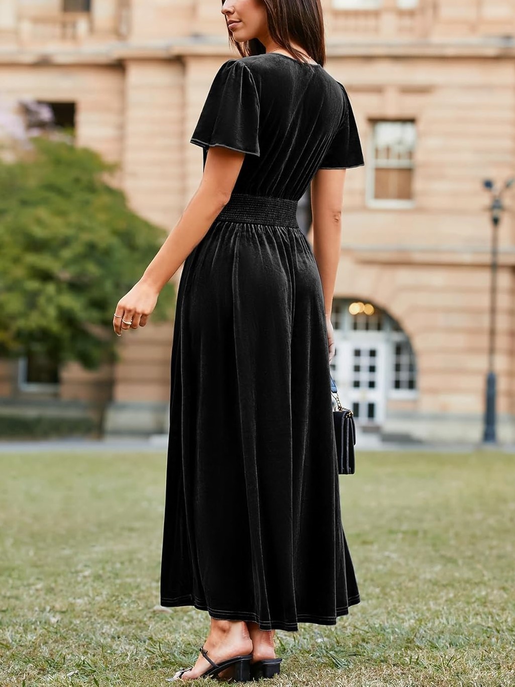 Women's V Neck Short Sleeve Empire Waist Velvet Maxi Dress