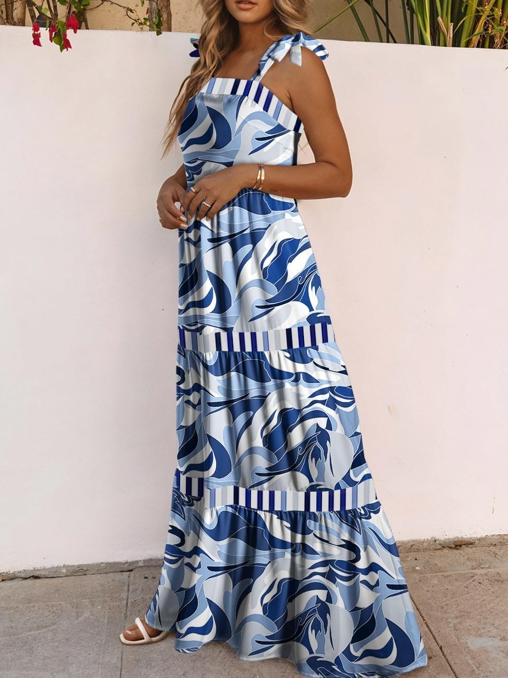 Women's Summer Sleeveless Strap Tie Floral Print Maxi Dress