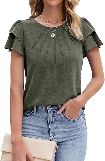 Women’s Casual Blouses Ruffle Short Sleeve T Shirts Pleated Crew Neck Tops