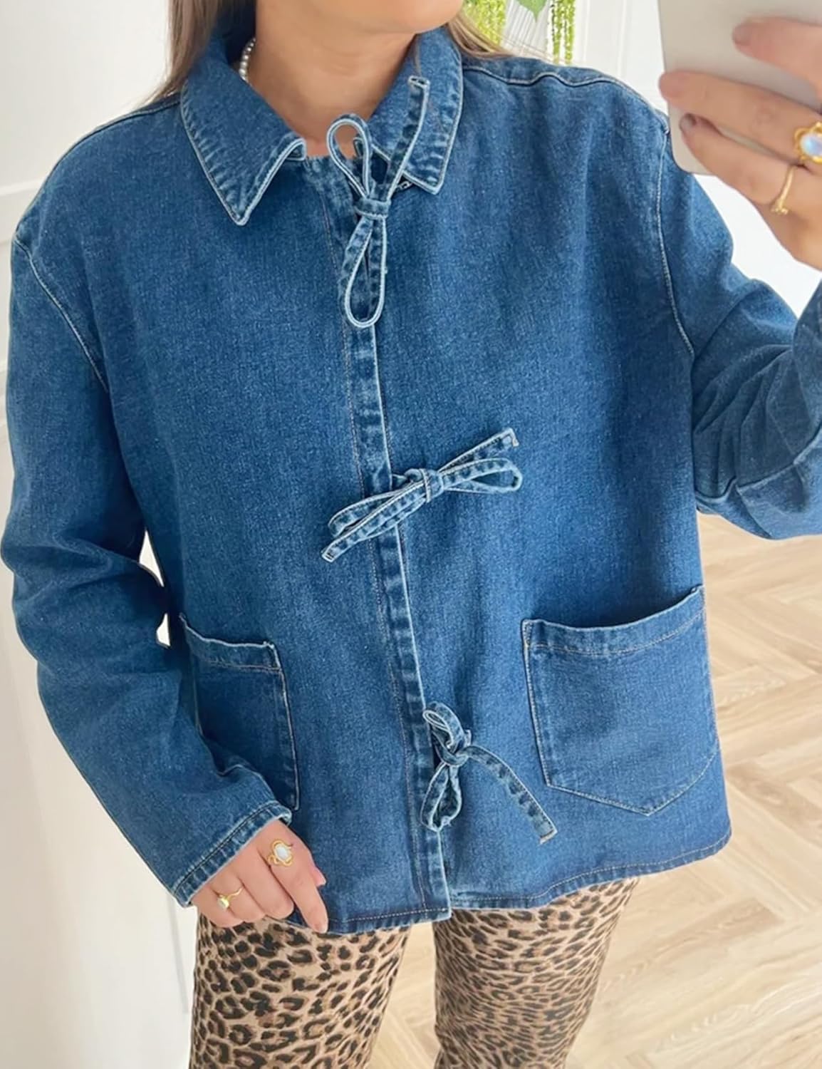 Women's Tie Bow Closure Loose Denim Jacket with Pockets