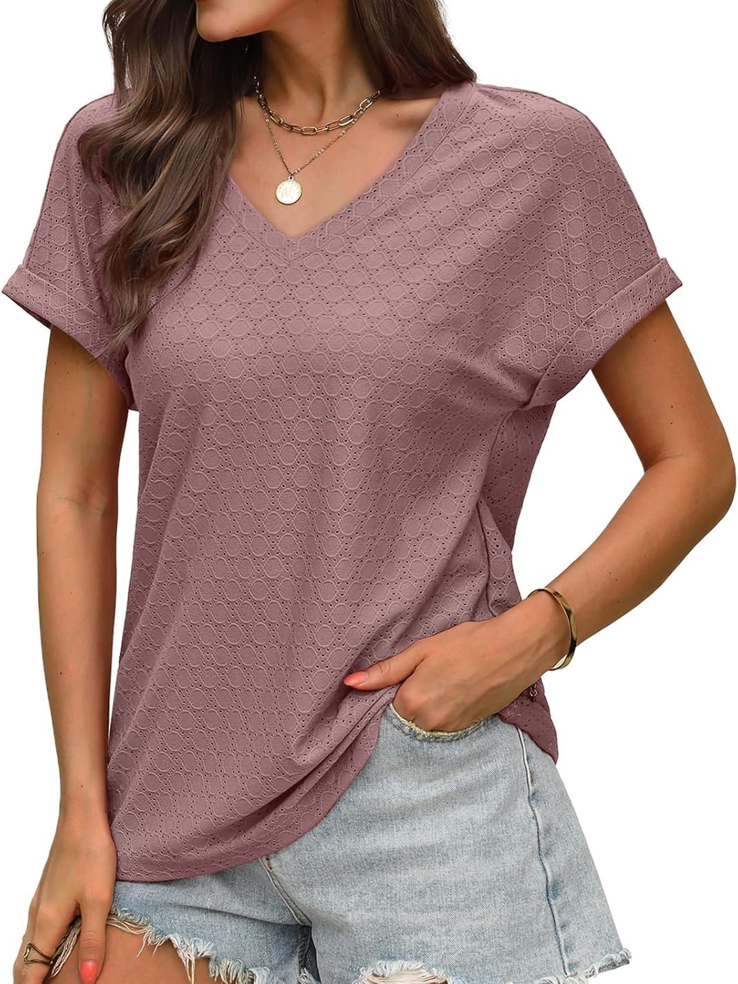 Women's V Neck Eyelet Dressy Casual Basic Short Sleeve Tees