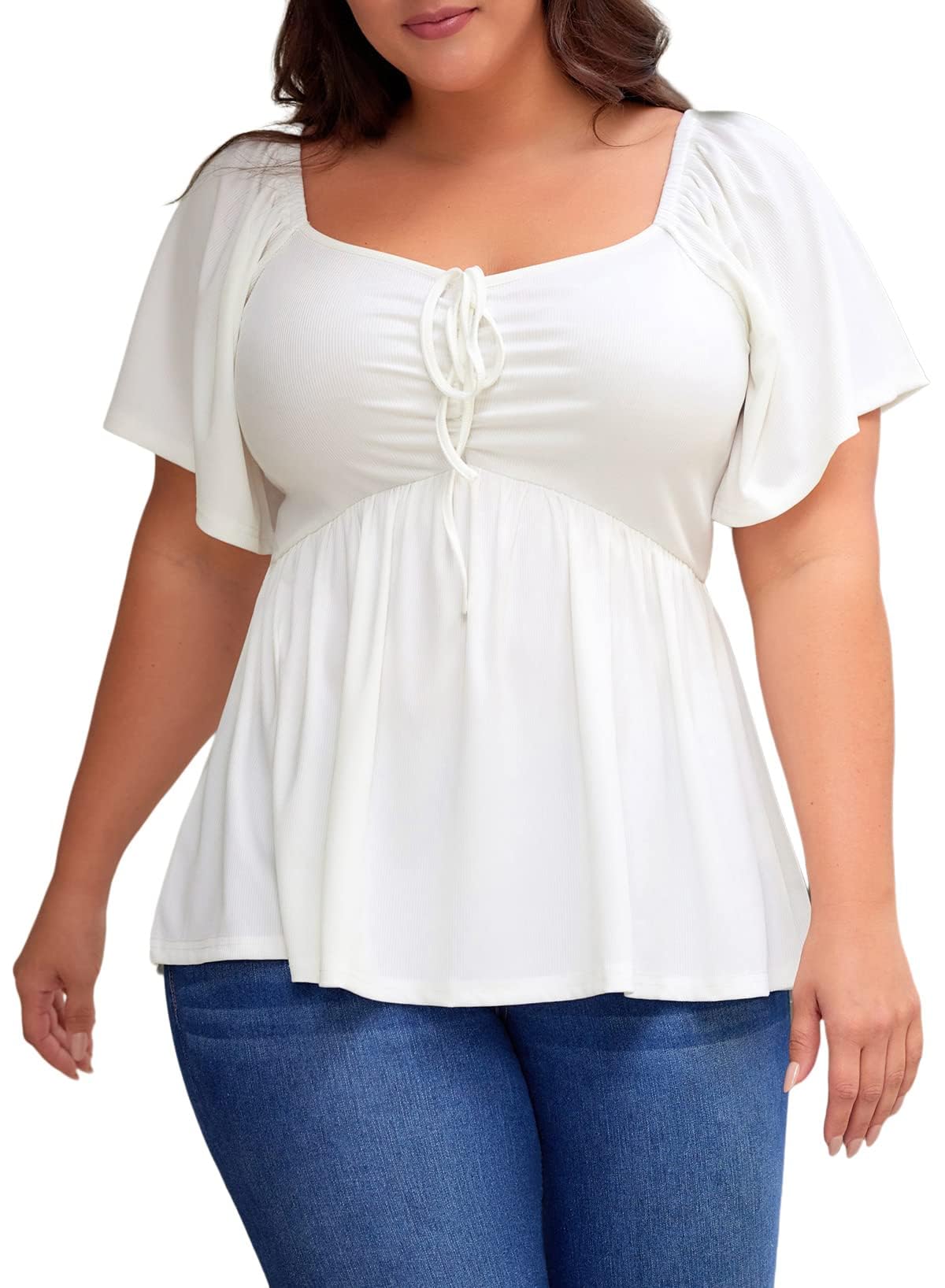 Women Sweetheart Neck Short Sleeve Shirred Peplum Blouse Tops Shirts