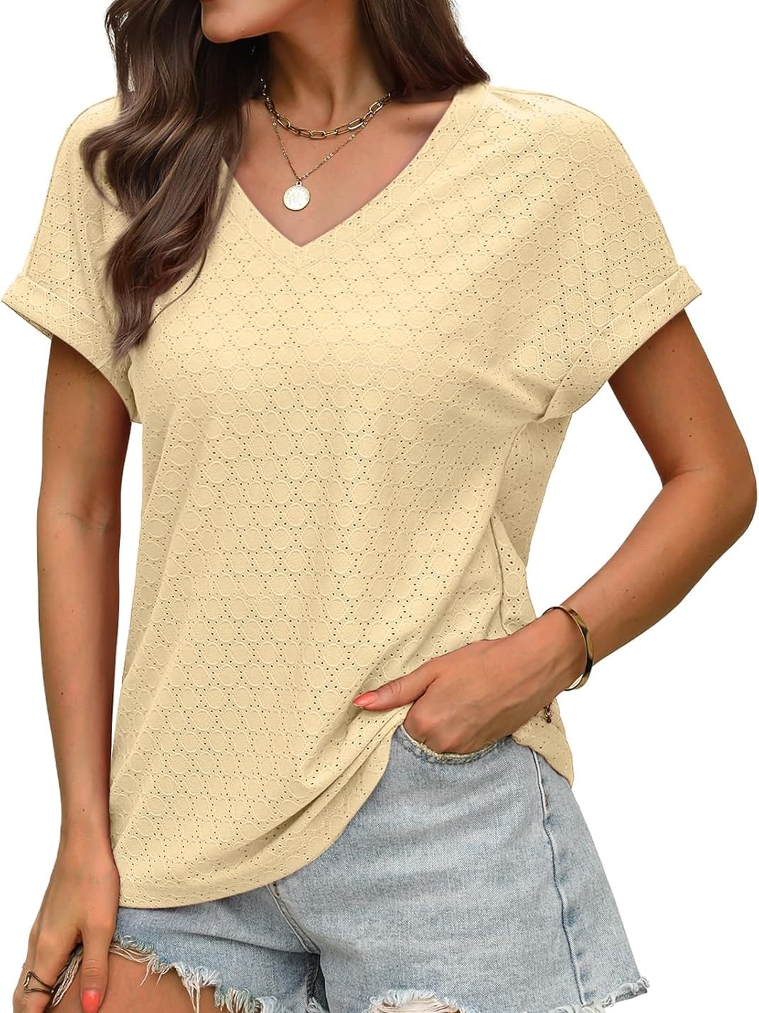 Women's V Neck Eyelet Dressy Casual Basic Short Sleeve Tees