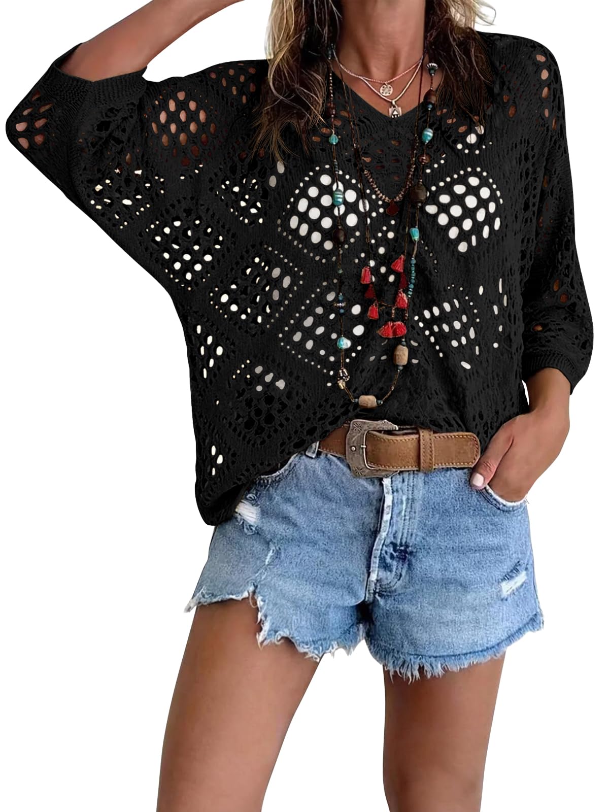 Women's Summer V Neck Crochet Top Boho Beach Swimsuit Coverups