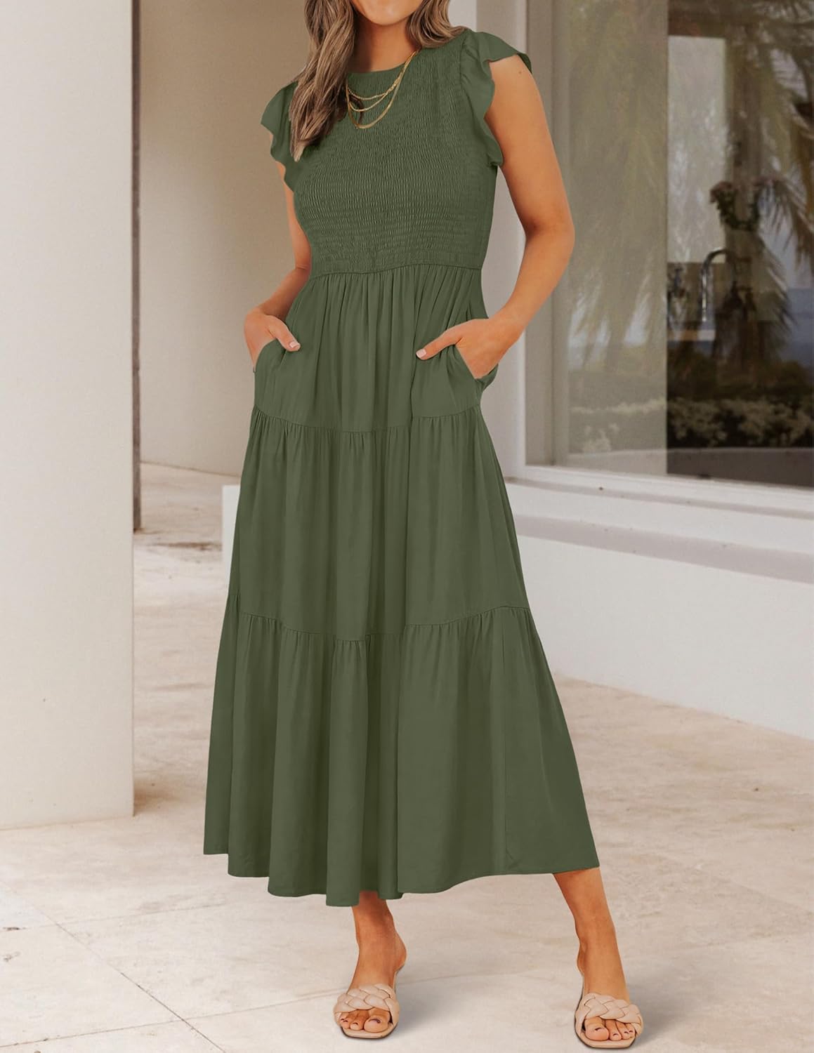 HOT SALE Women's Flutter Short Sleeve Crew Neck Smocked Elastic Waist Tiered Midi Dress