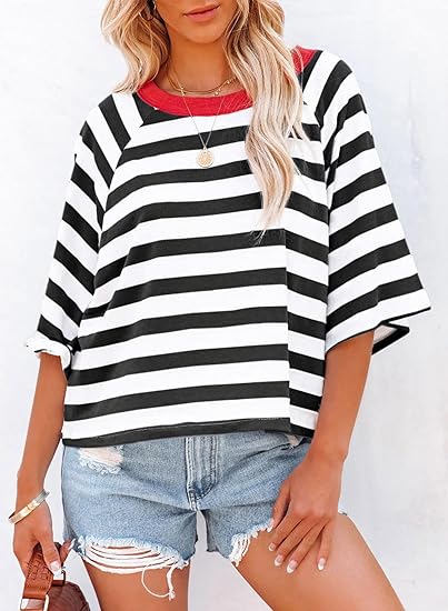 HOT SALE Women's Cute Round Neck Striped Short Sleeve Casual Top