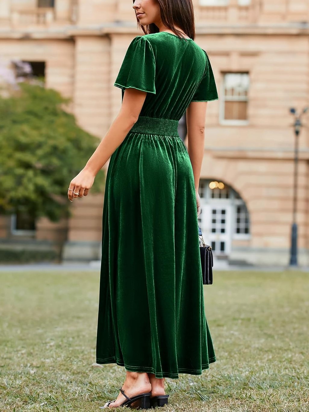Women's V Neck Short Sleeve Empire Waist Velvet Maxi Dress