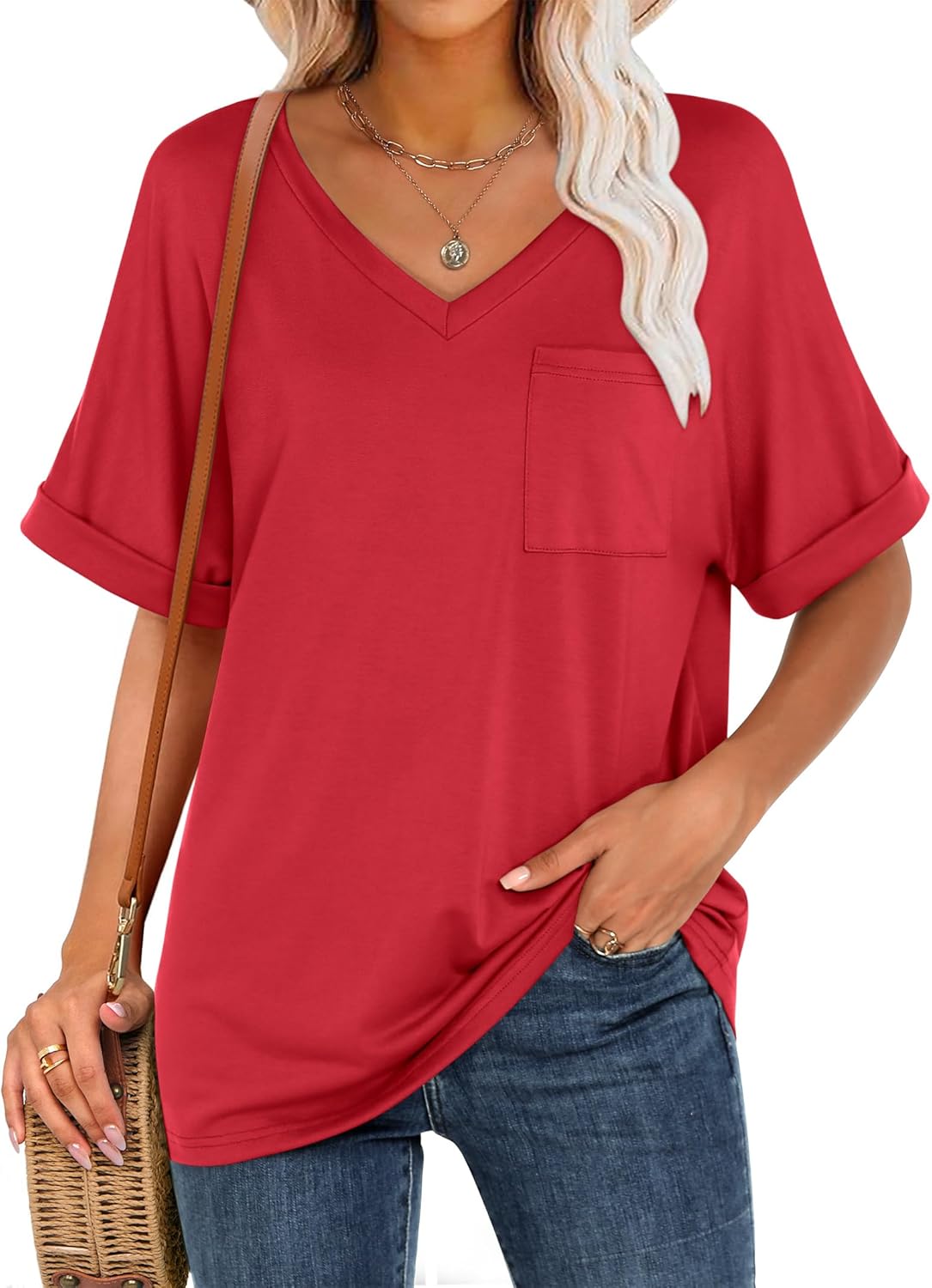 Women's Cute Oversized Short Sleeve Tops Basic Tee Shirts with Pocket(BUY 3 FREE SHIPPING)