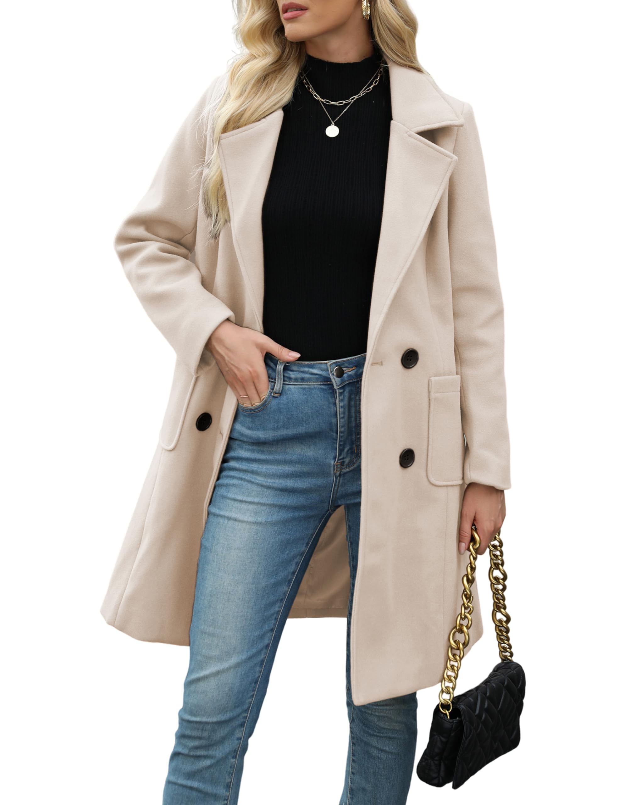 Women Winter Wool Blend Camel Mid-Long Coat Notch Double-Breasted Lapel Jacket Outwear