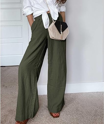 Women's Cotton Linen Drawstring Stretch Waist Wide Leg Pants