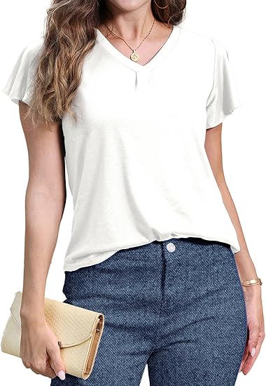 Women's V Neck Ruffle Sleeve Tunic Short Sleeve Blouse Flutter Sleeve Tops