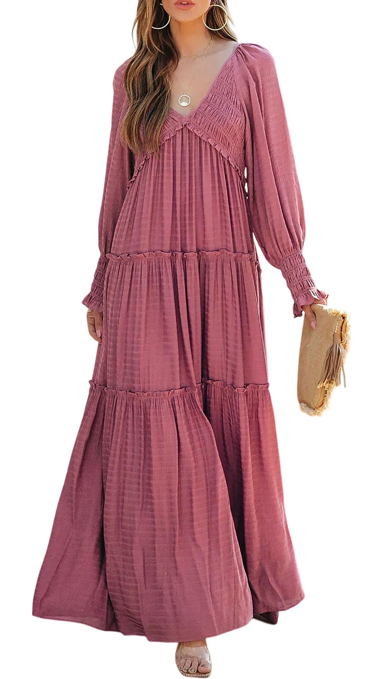 Women Long Sleeve V Neck Boho Casual Flowy Long Dresses