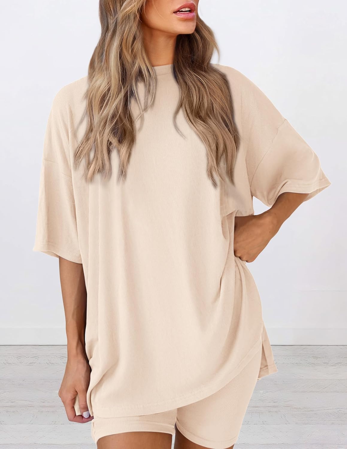 Women's Casual Oversized Shirts Biker Shorts Matching Set