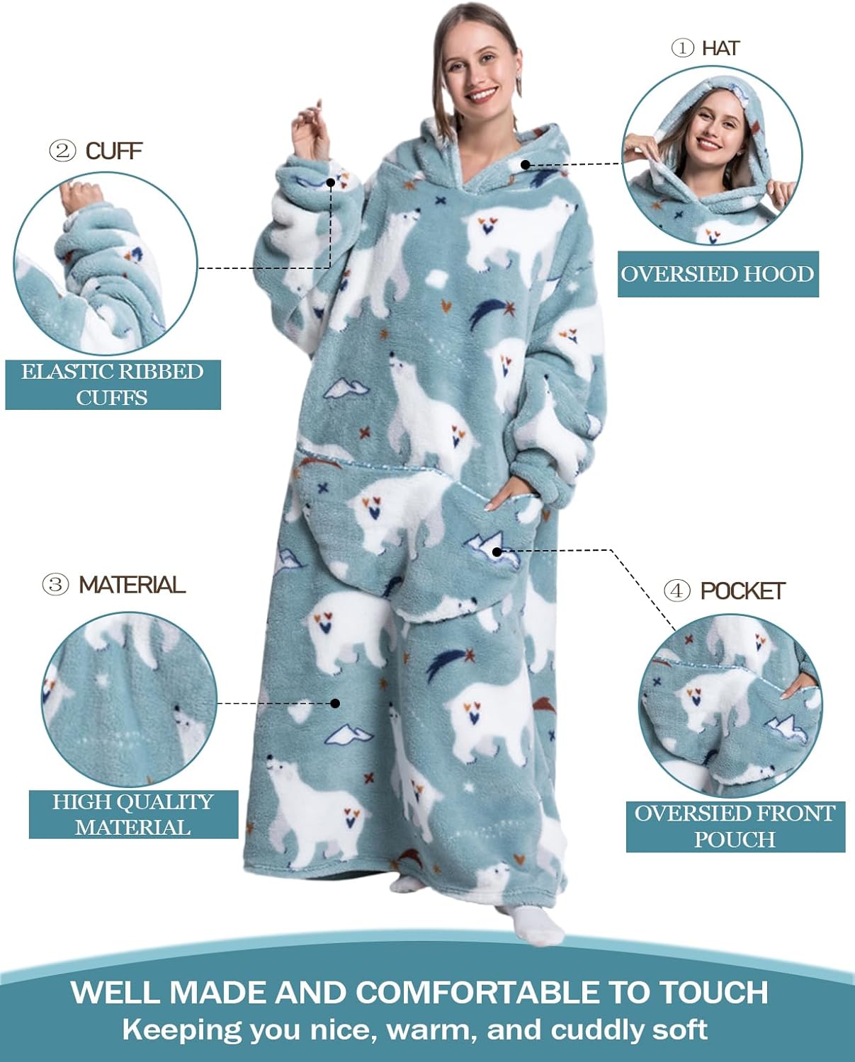Womens Oversized Cartoon Fleece Hoodie Blanket With Front Pocket