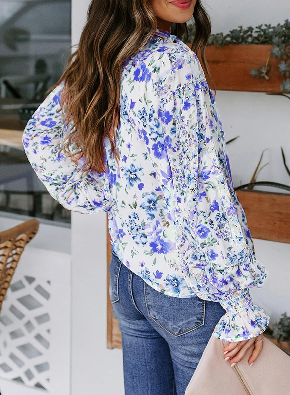 Women's Boho Floral Print V Neck Long Sleeve Drawstring Button Blouses