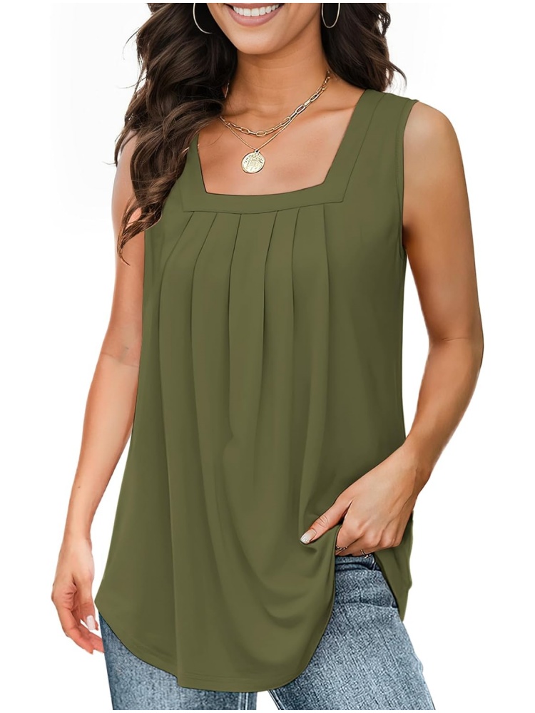 Women's Loose Fit Pleated Square Neck Tank Tops