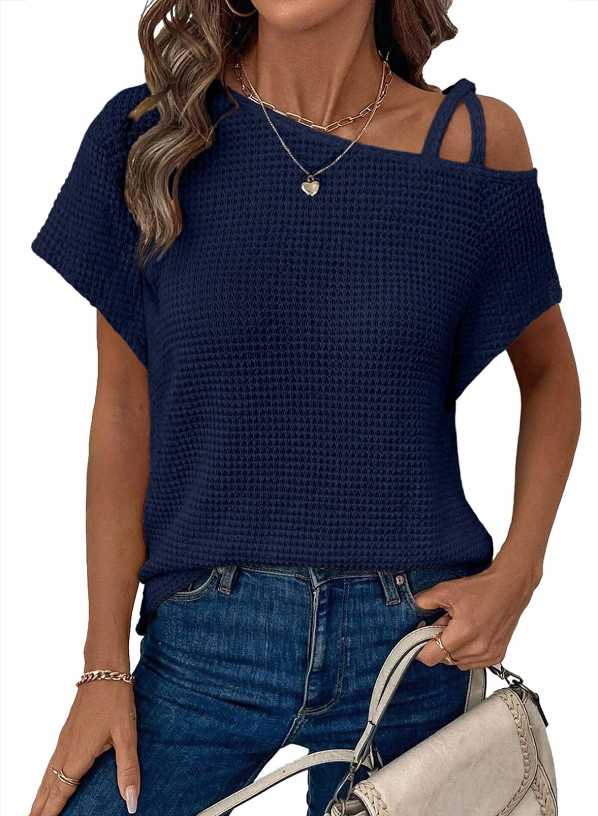 Womens Summer Tops Off One Shoulder Waffle Knit Short Sleeve T-Shirts