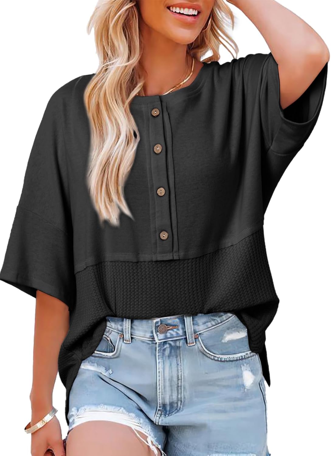 Women's Waffle Knit Top 3/4 Sleeve Casual Oversized Patchwork Shirt(BUY 2 FREE SHIPPING)