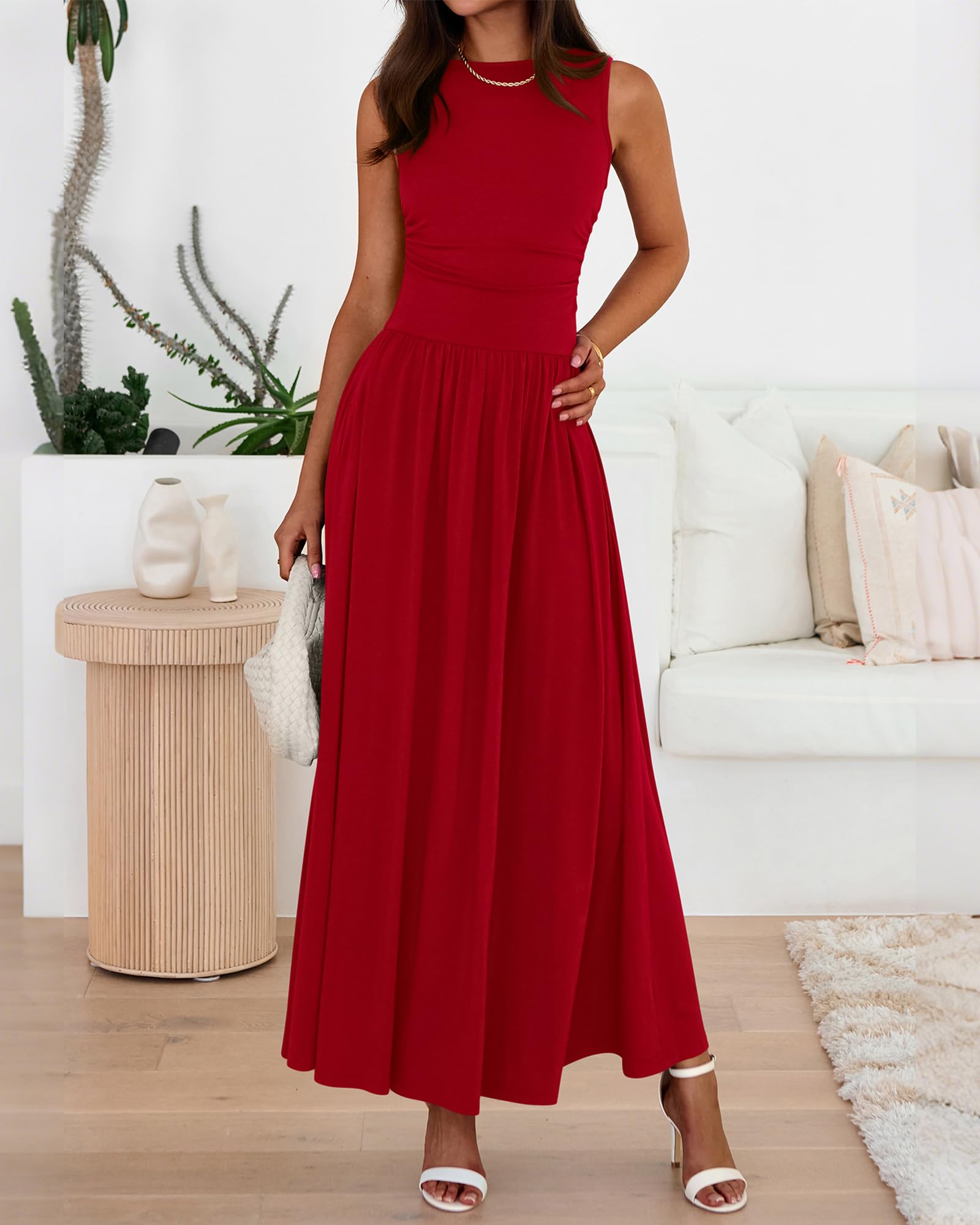 Women Sleeveless Ruched High Waisted Tank Long Sundress Flowy Beach Dress