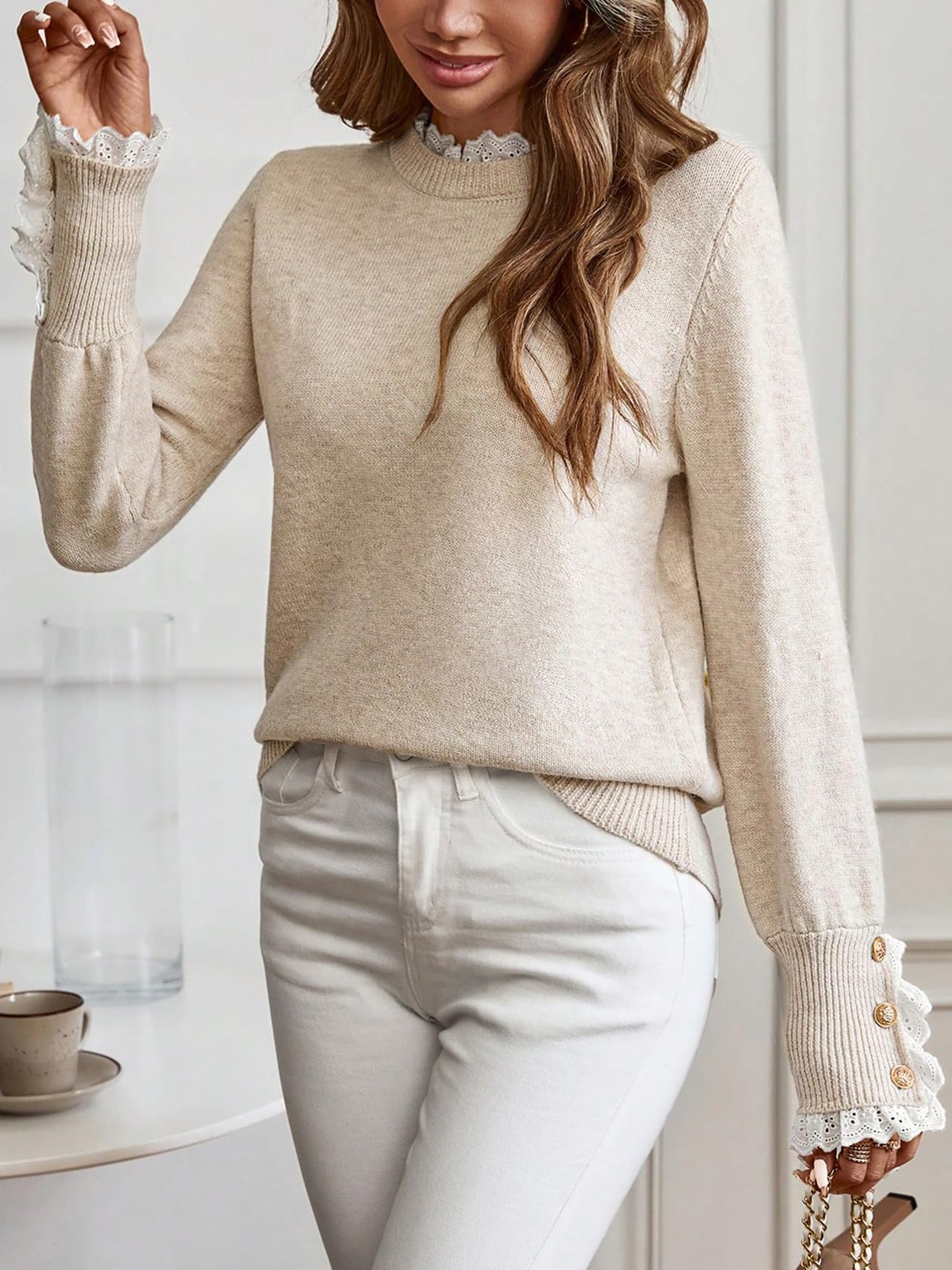 Women's Long Sleeve Knitted Button Lace Trim Sweater
