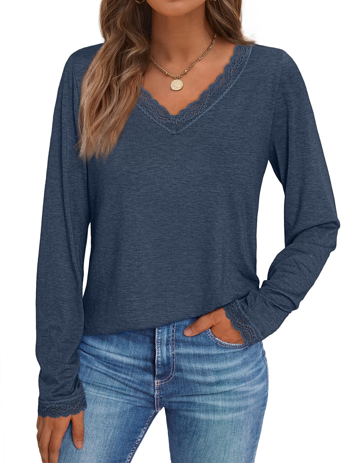 V Neck T Shirts for Women Lace Long Sleeve Tops