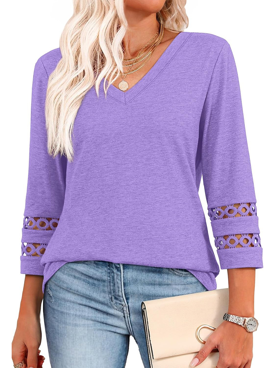 Women's Dressy Casual V Neck Hollow 3/4 Length Sleeve Tops