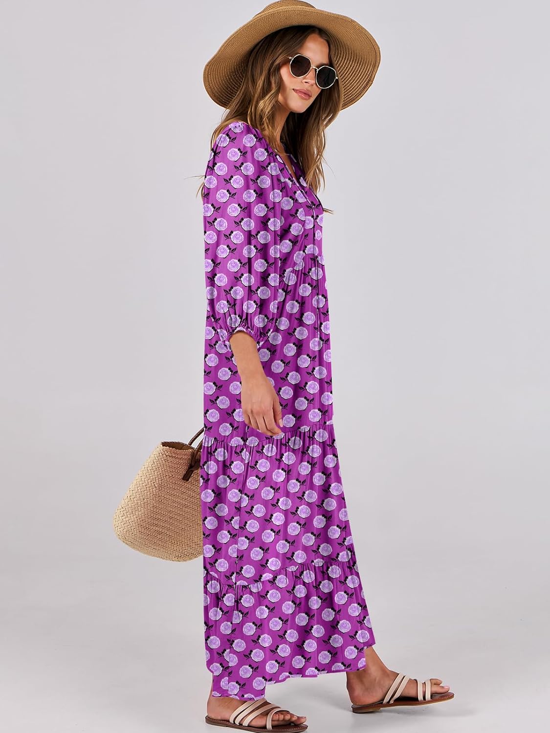 HOT SALE Summer V Neck Puff Sleeve Floral Flowy Casual Maxi Dress
