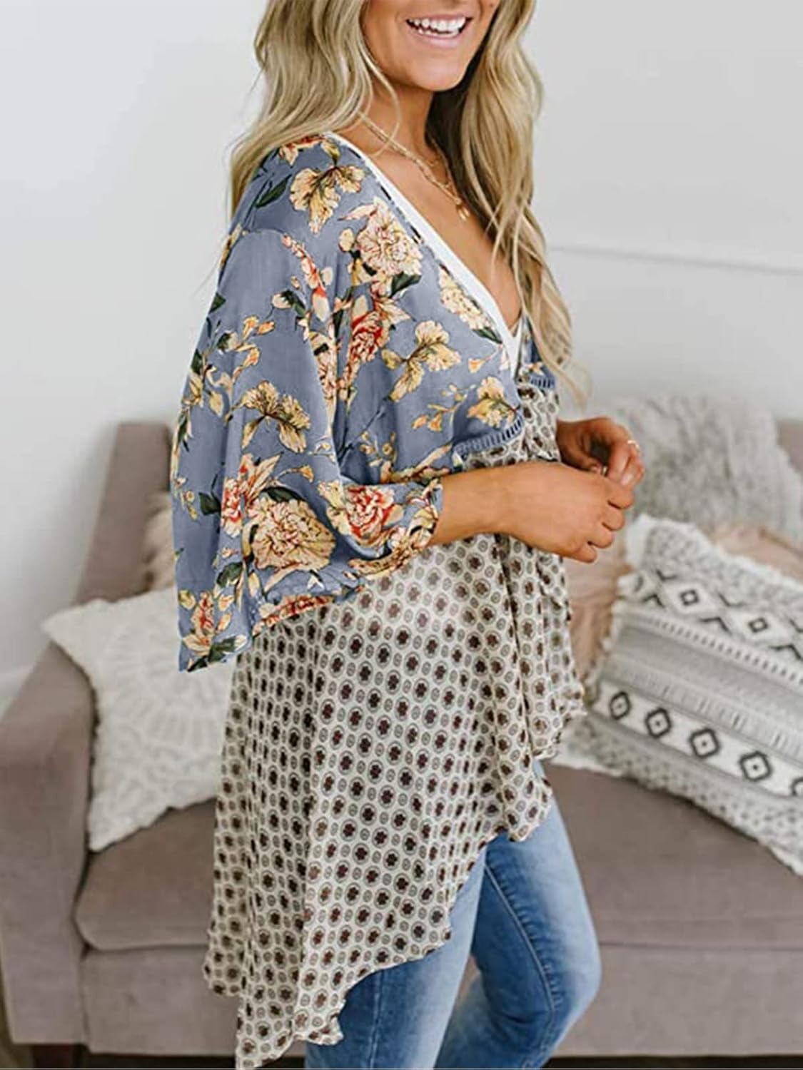 HOT SALE Women's Floral Kimono 3/4 Ruffle Sleeve Tie Cardigans Flowy Boho Loose Cover Ups