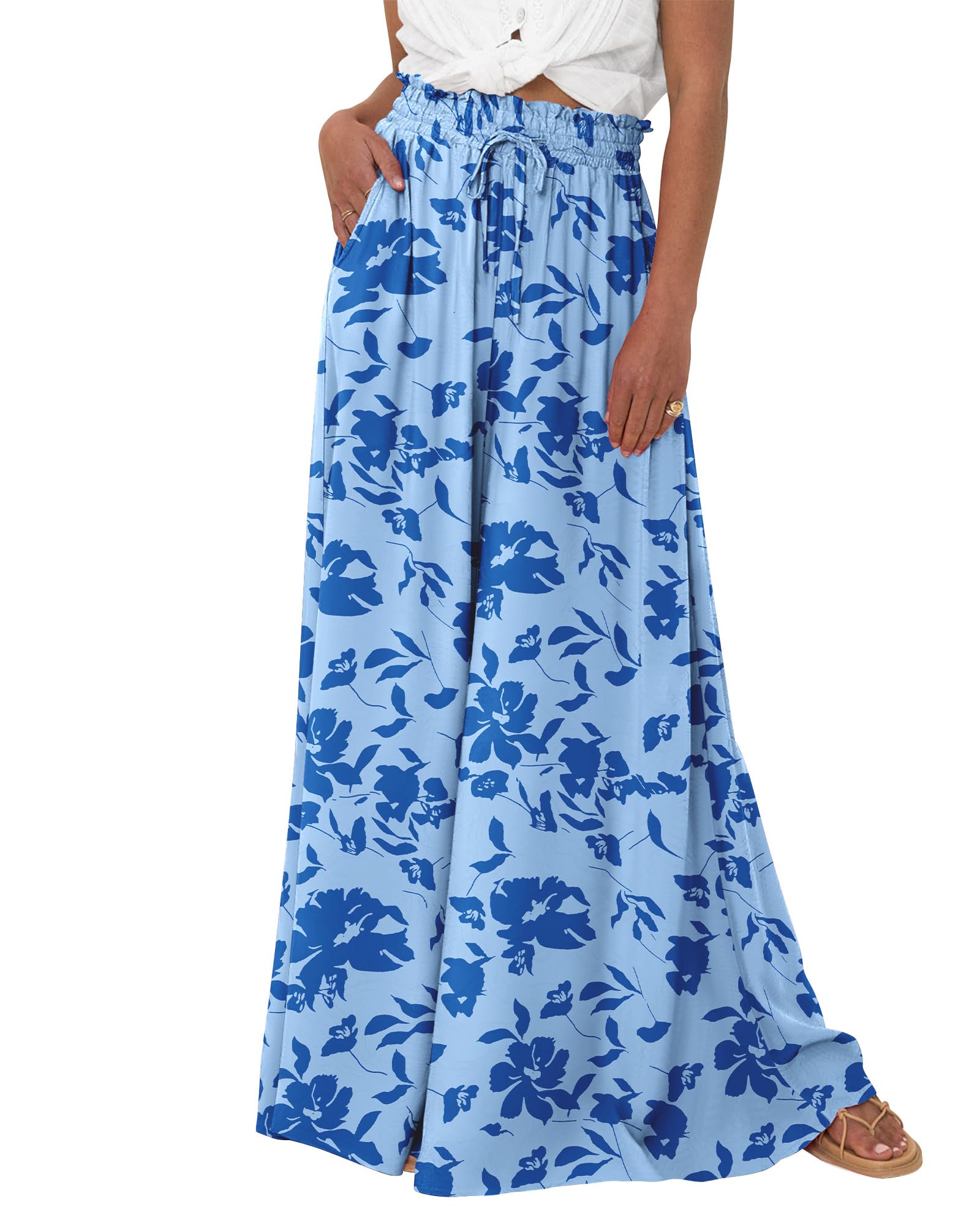Women Casual Floral Solid High Waist Wide Leg  Pants 