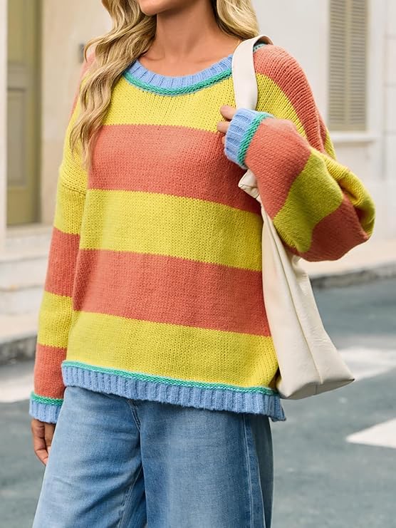 Womens Oversized Striped Color Block Crewneck Sweater