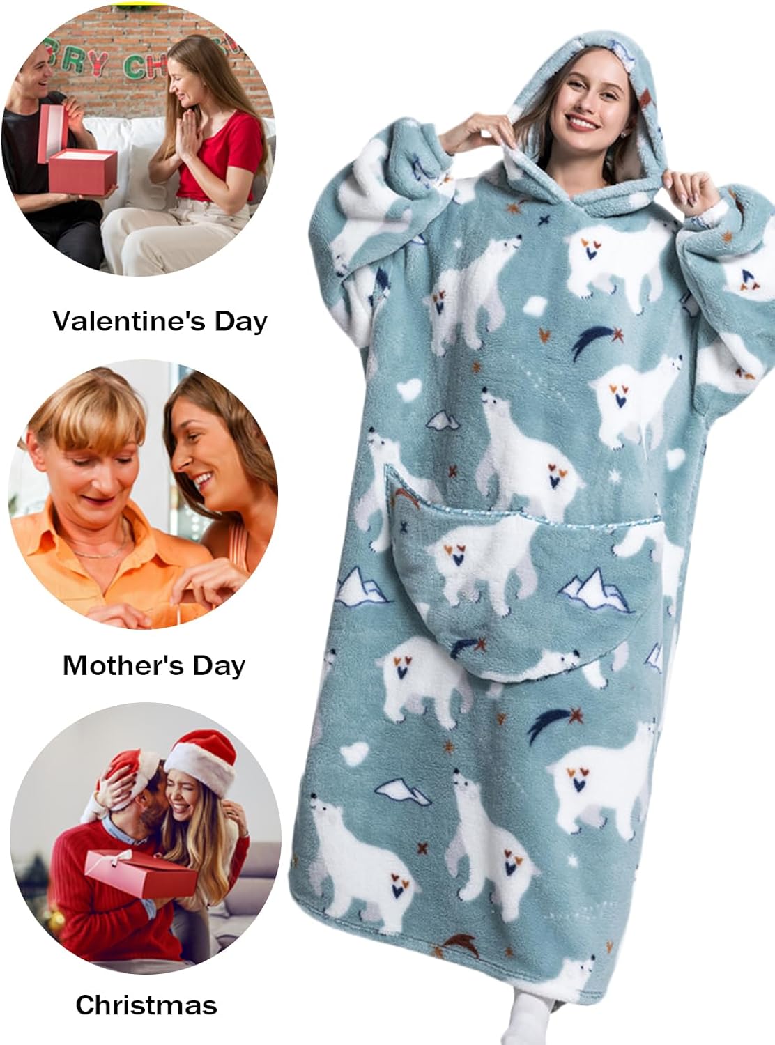 Womens Oversized Cartoon Fleece Hoodie Blanket With Front Pocket