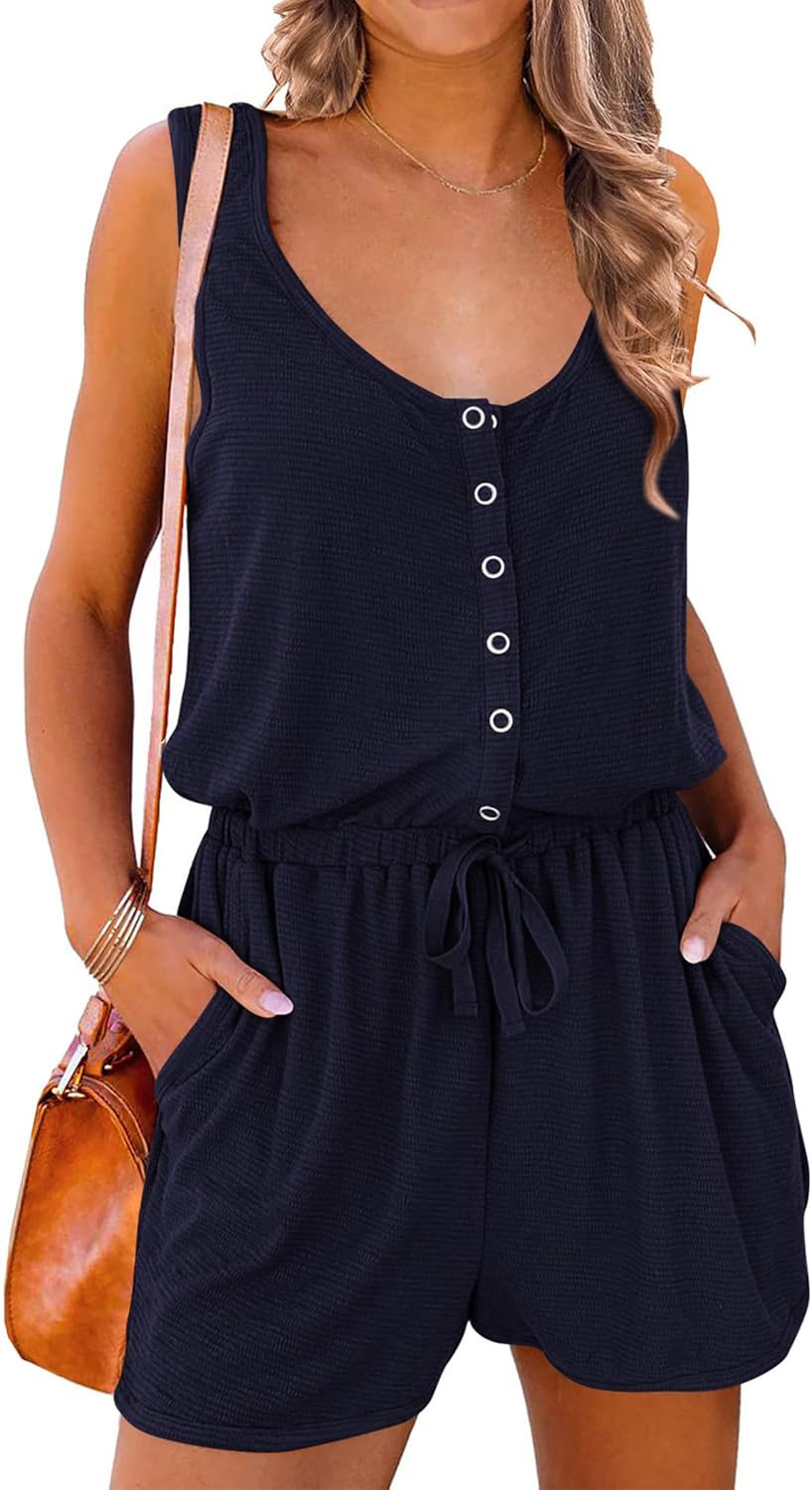 Women's  Jumpsuit Plain Scoop Neck Button Down Sleeveless Tank Top Rompers