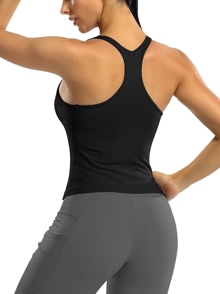 Women's Ribbed Workout Crop Racerback Tank Tops with Built in Bra