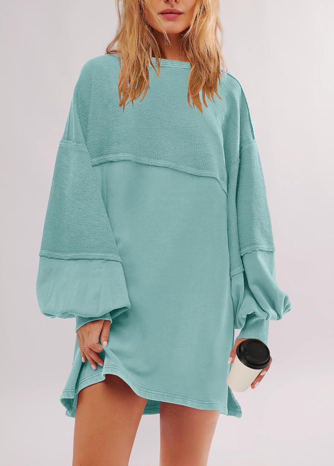 Women's Oversized Crewneck Patchwork Slit Sweatshirt Dress