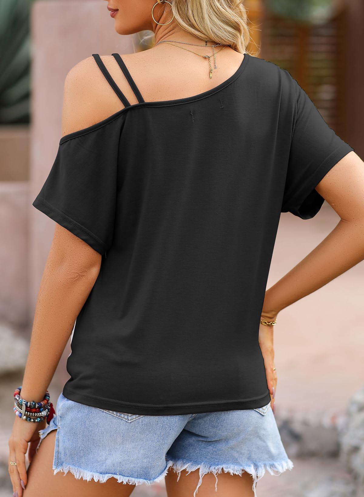 Women Twist Knot Color Block Loose Fit Cold Shoulder Tops