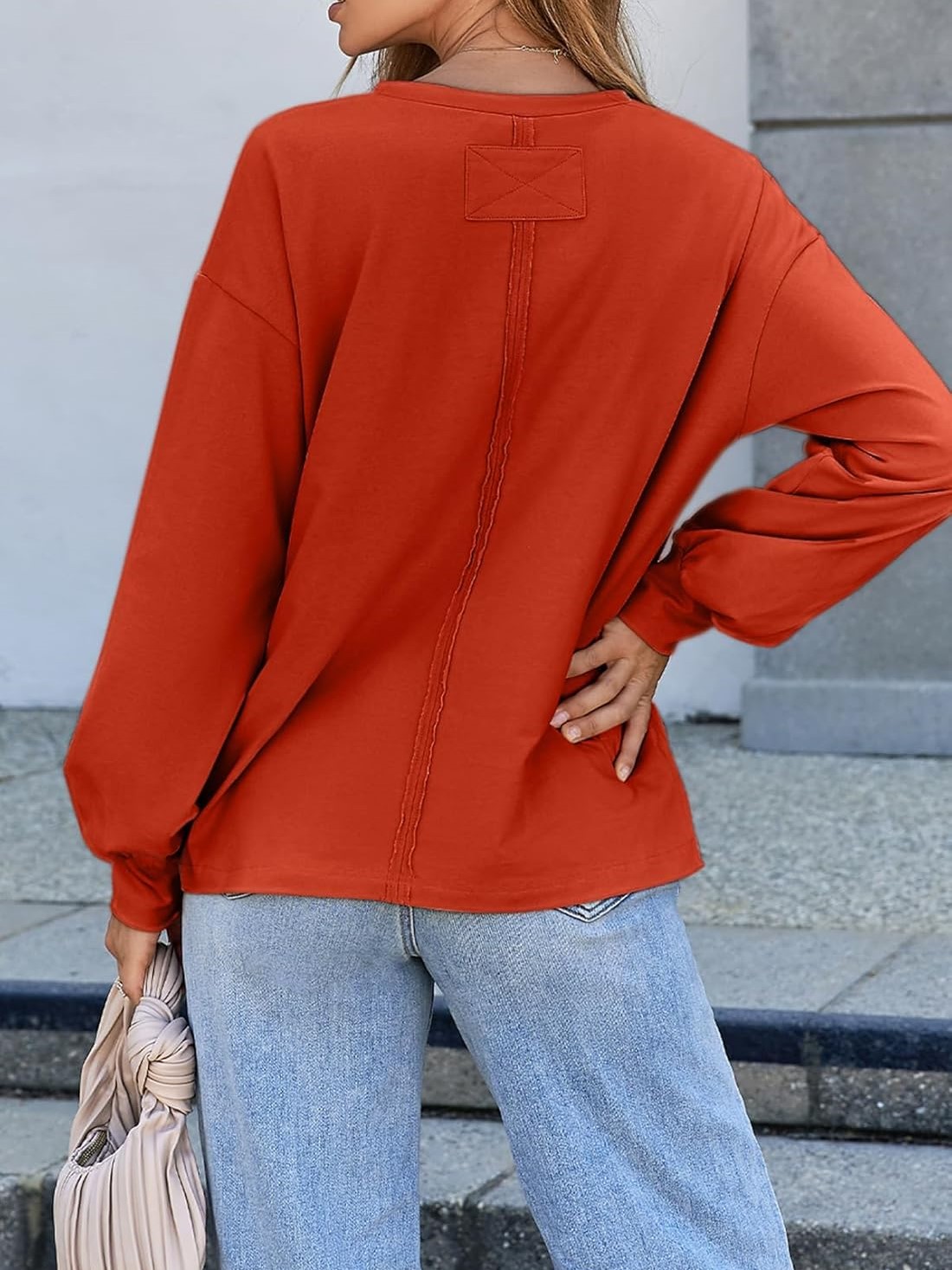 Women's Crewneck Pocket Oversized Basic Long Sleeve Shirts