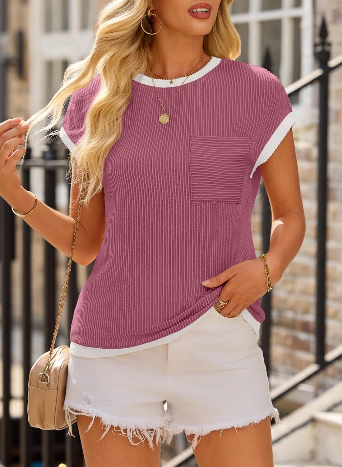 HOT SALE Women's Short Sleeve T Shirts Crewneck Color Block Ribbed Knit Tee