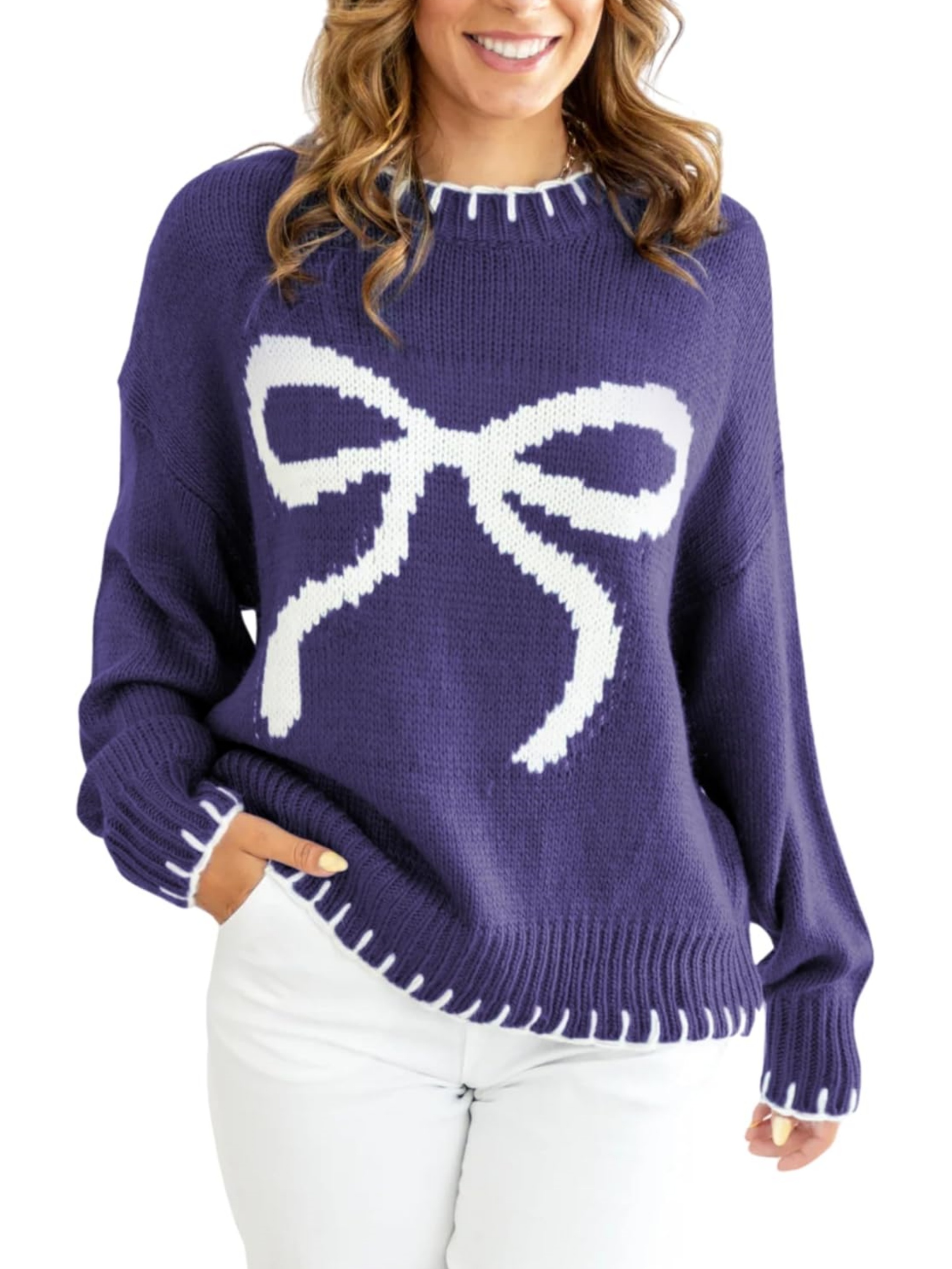 Bow Crew Neck Knitted Sweater Pullover (Buy 2 Free Shipping)